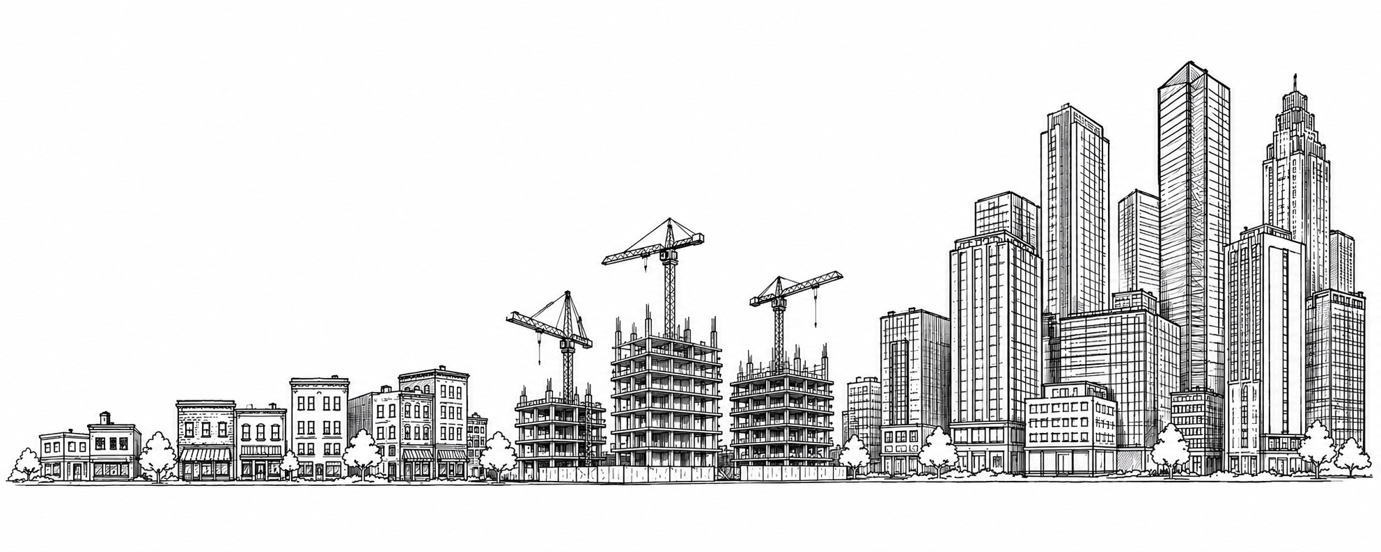 City skyline illustration showing growth from small buildings through construction to a full business district